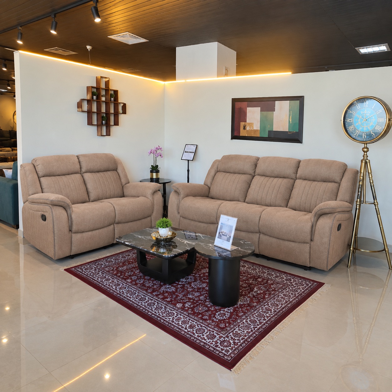 Beige Channel Fabric Recliner 3+2 at Thomson Home Depot Kesavadasapuram