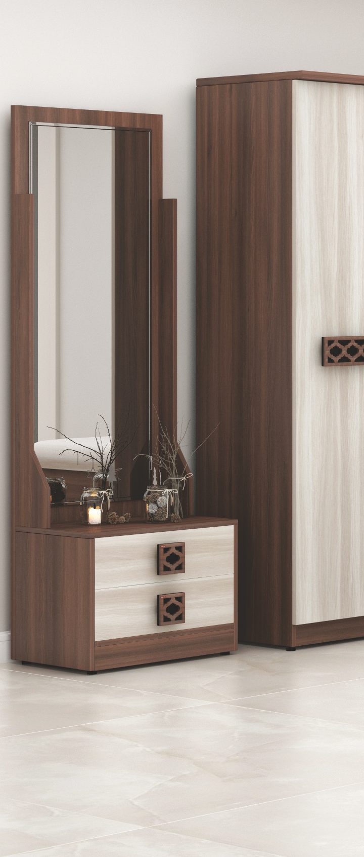 Artisan Lattice Walnut & Cream Bedroom Set — dresser & mirror Artisan Lattice Walnut & Cream Bedroom Set — dresser & mirror