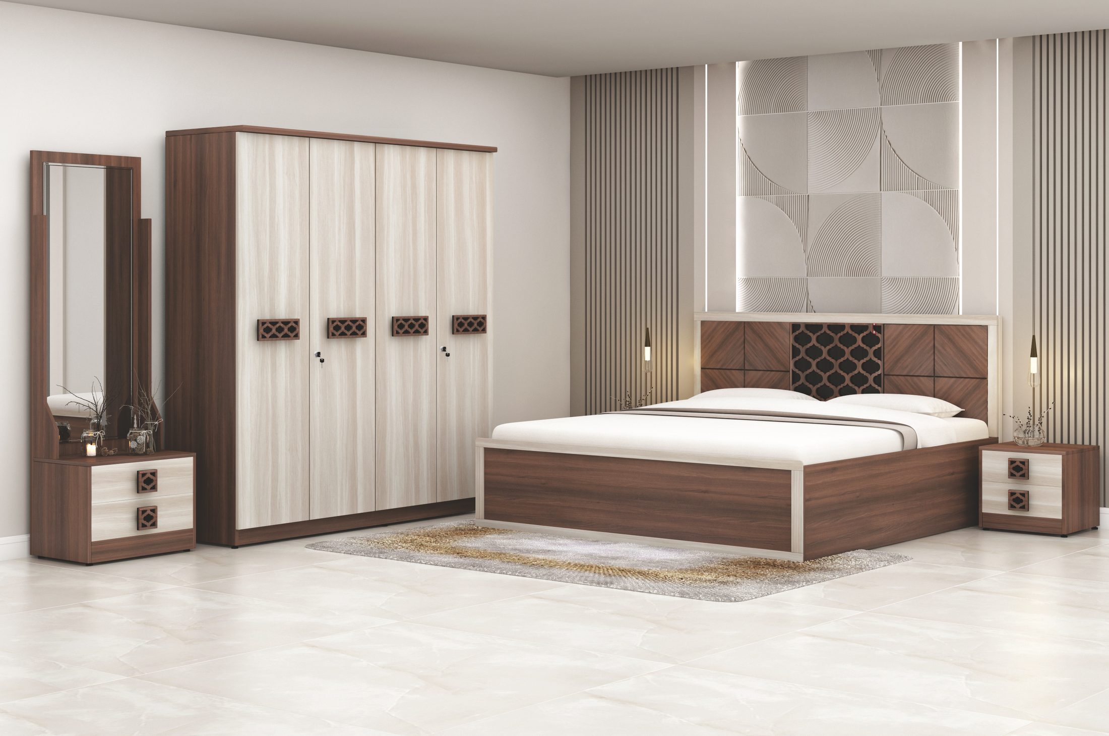 Artisan Lattice Walnut & Cream Bedroom Set — full set