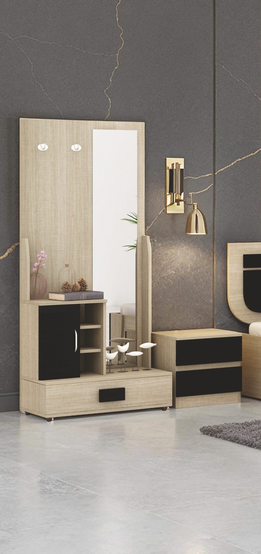 Nordic Oak & Onyx Bedroom Set — dresser & mirror Nordic Oak & Onyx Bedroom Set — dresser & mirror