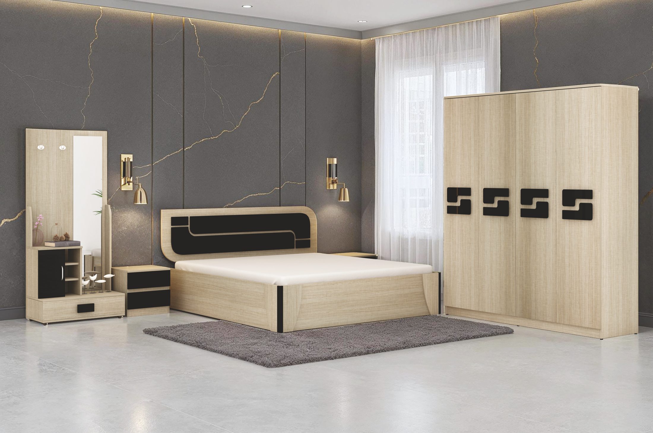 Nordic Oak & Onyx Bedroom Set — full set