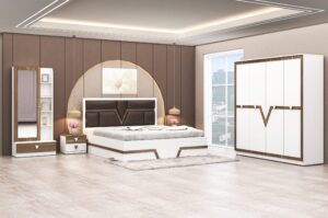 V-Line White & Walnut Bedroom Set