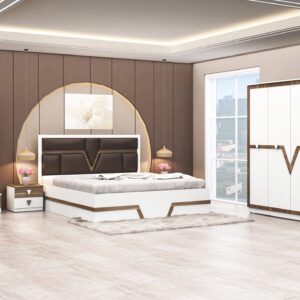 V-Line White & Walnut Bedroom Set — full set