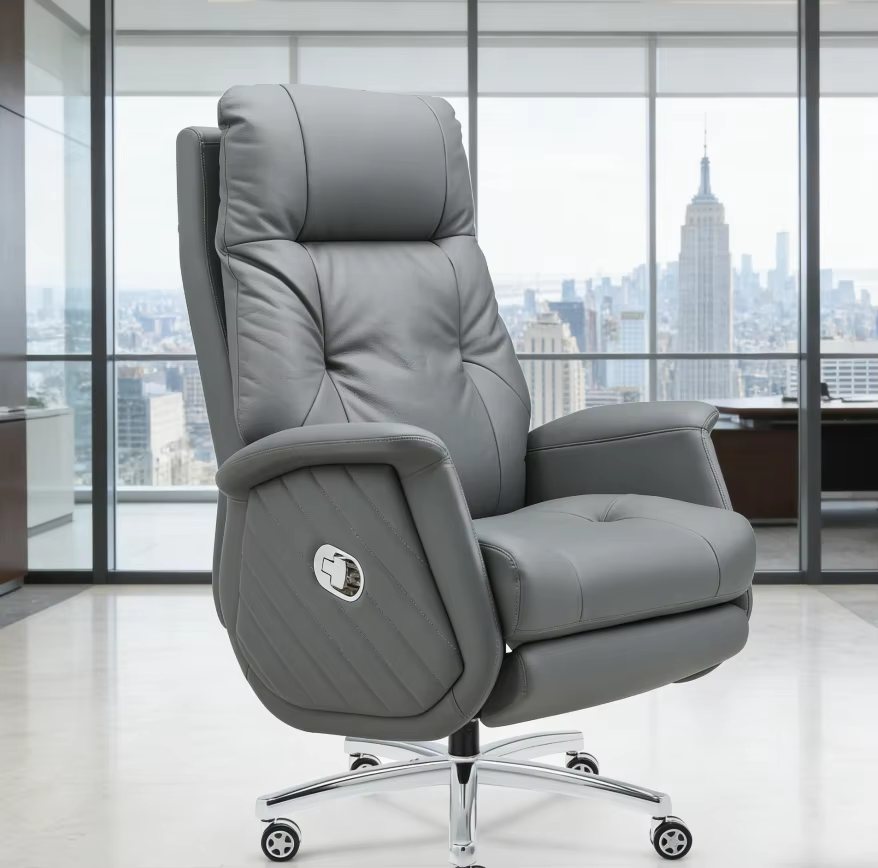 Contour Grey Leather Recliner Office Chair — view 4 Contour Grey Leather Recliner Office Chair — view 4