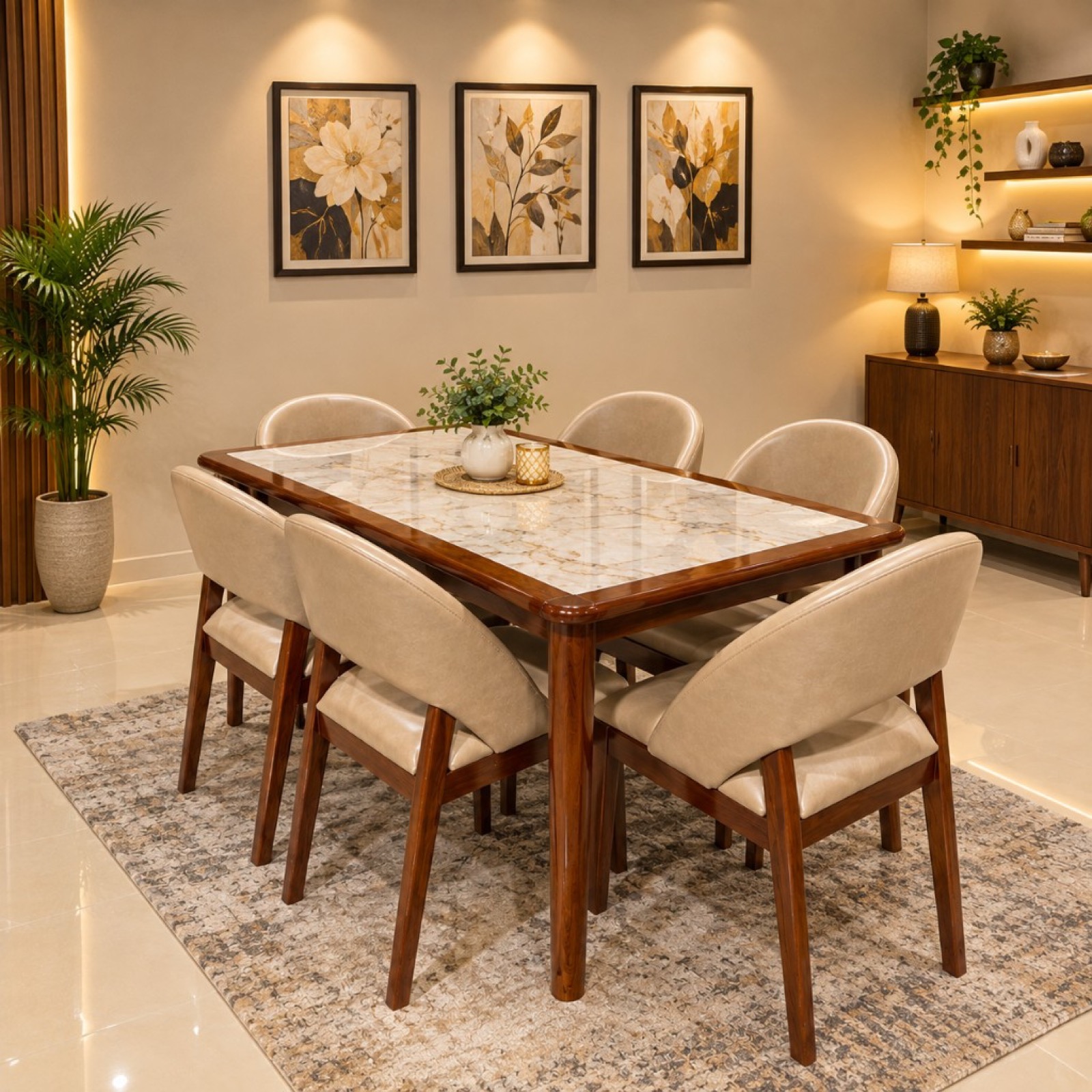 Cream Mahogany Marble Dining Set — 6 Seater at Thomson Home Depot Kesavadasapuram