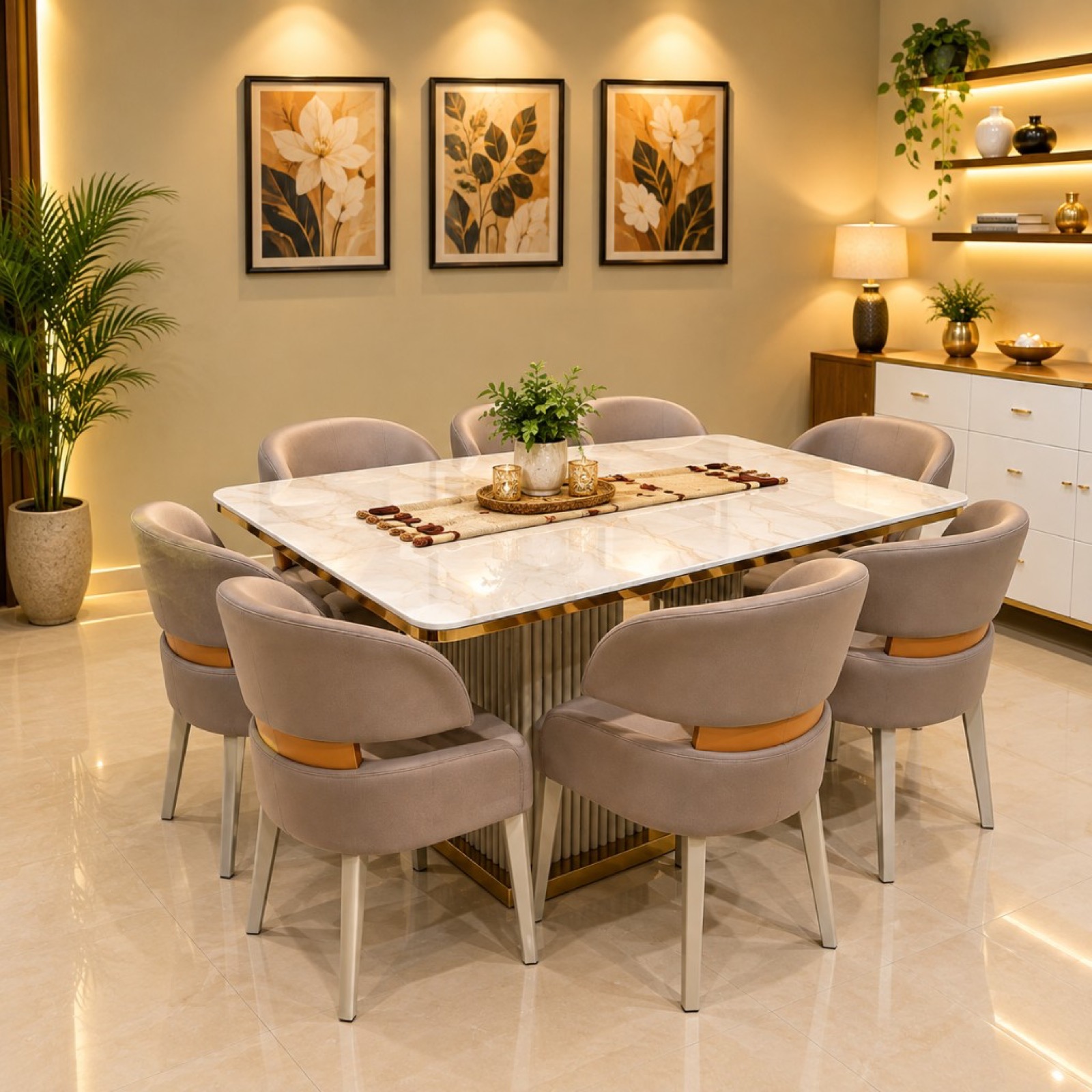 Gold-Rim Fluted Marble Dining Set — 6 Seater at Thomson Home Depot Kesavadasapuram