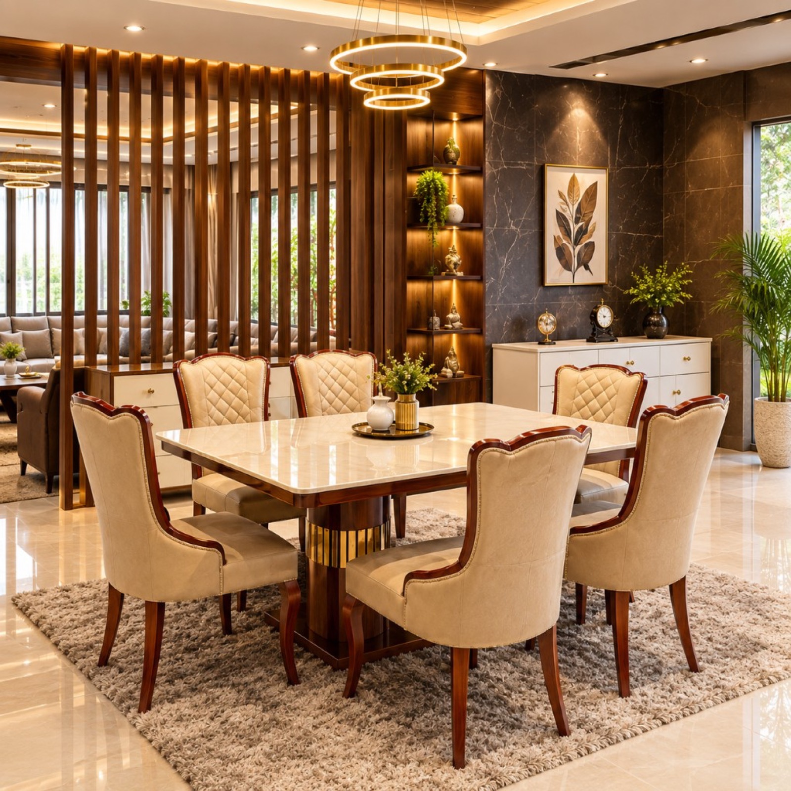 Cream Gold-Band Marble Dining Set — 6 Seater at Thomson Home Depot Kesavadasapuram