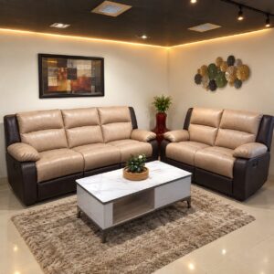 Two-Tone Beige Leather Recliner 3+2 at Thomson Home Depot Kesavadasapuram