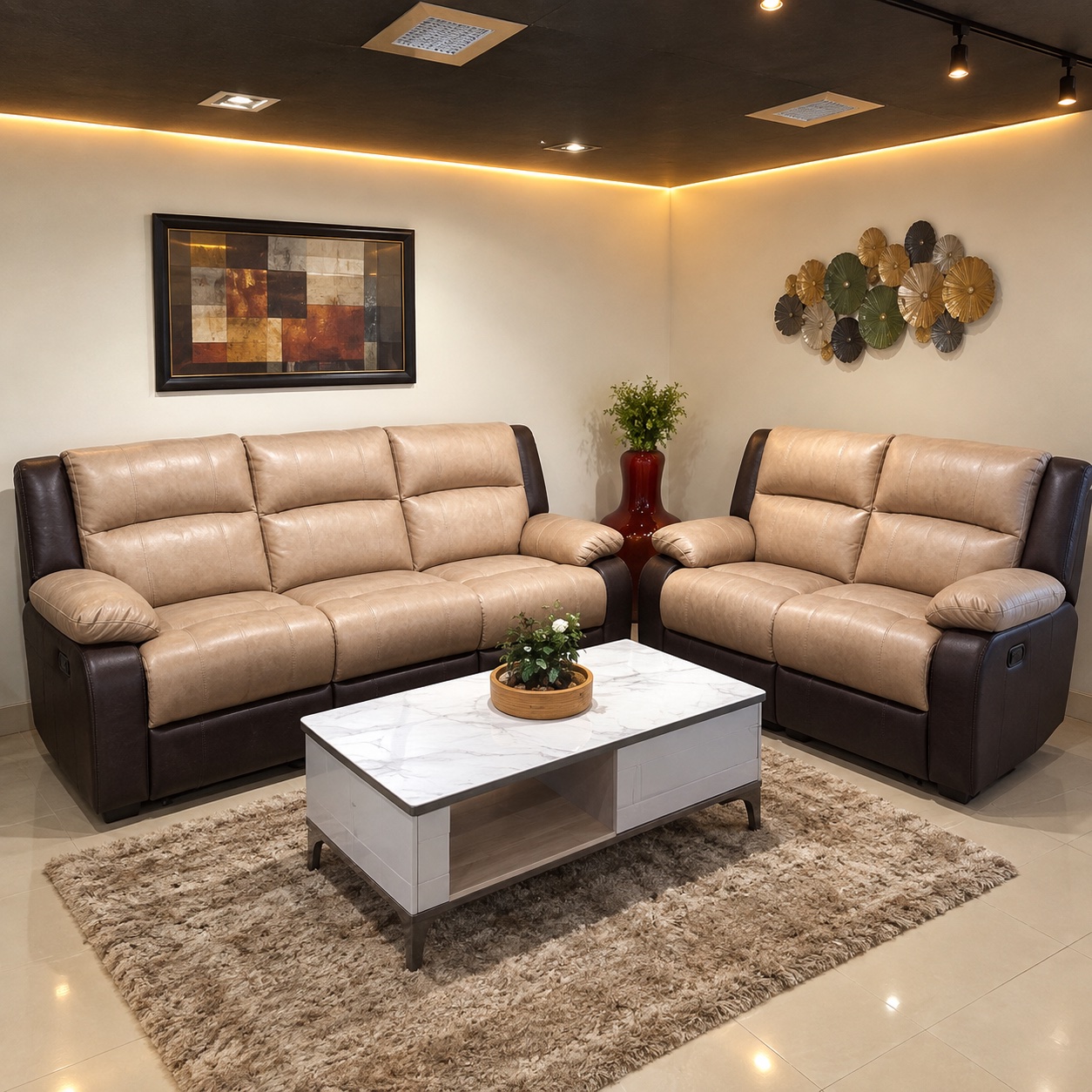 Two-Tone Beige Leather Recliner 3+2 at Thomson Home Depot Kesavadasapuram