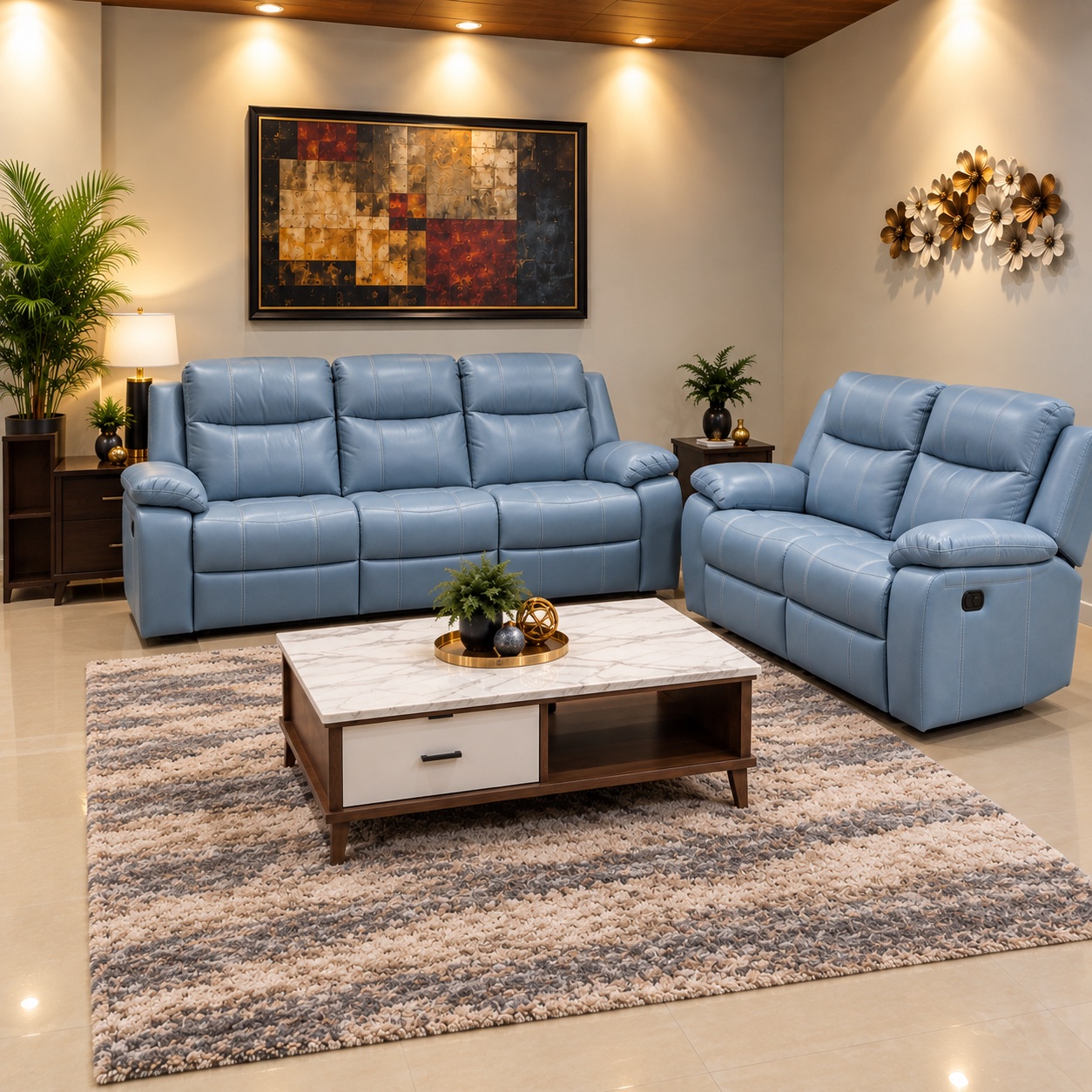 Sky Blue Leather Recliner 3+2 at Thomson Home Depot Kesavadasapuram