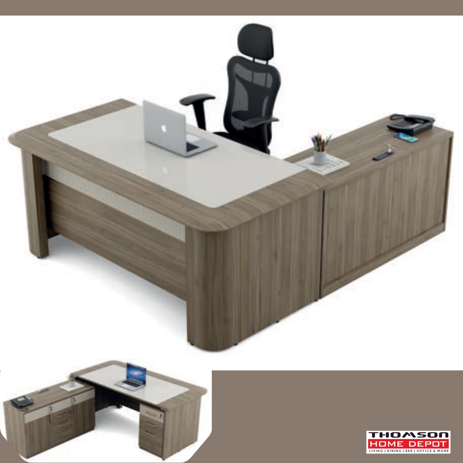 Taupe & Ivory Boss Table with Side Storage at Thomson Home Depot Trivandrum