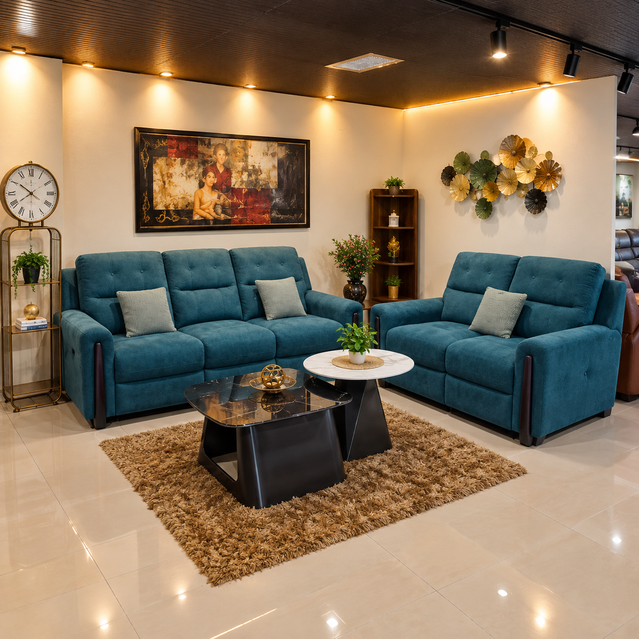 Petrol Teal Fabric Sofa Set — 3+2 at Thomson Home Depot Kesavadasapuram