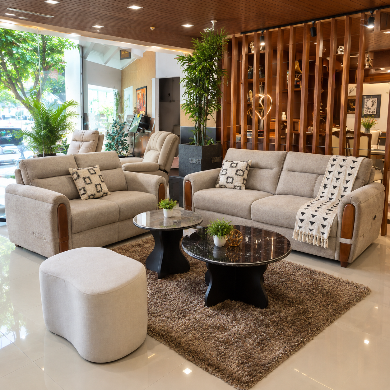 Oatmeal Wood-Arm Sofa Set — 3+2 at Thomson Home Depot Kesavadasapuram