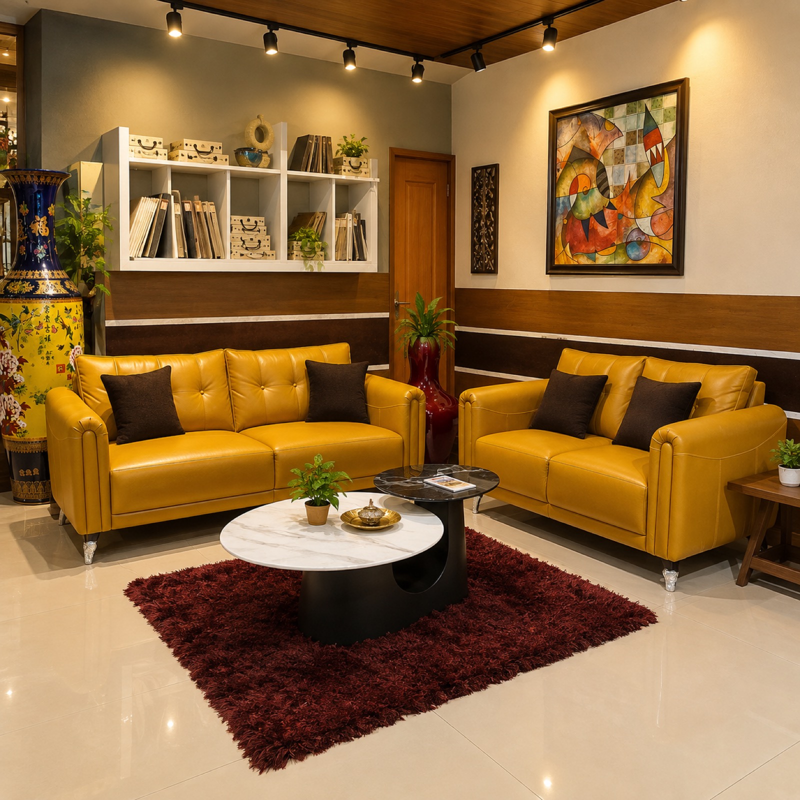 Mustard Yellow Leather Sofa Set — 3+2 at Thomson Home Depot Kesavadasapuram
