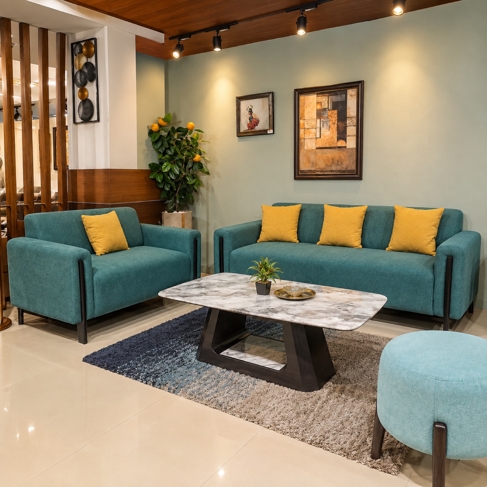 Seafoam Teal Fabric Sofa Set — 3+2 at Thomson Home Depot Kesavadasapuram
