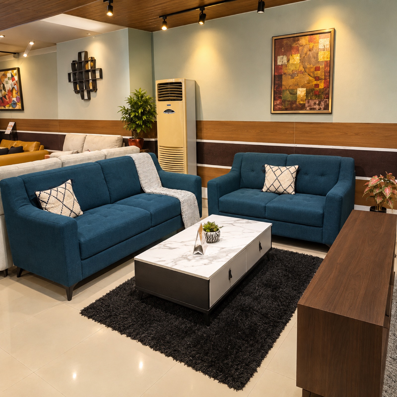 Deep Teal Tufted Sofa Set — 3+2 at Thomson Home Depot Kesavadasapuram