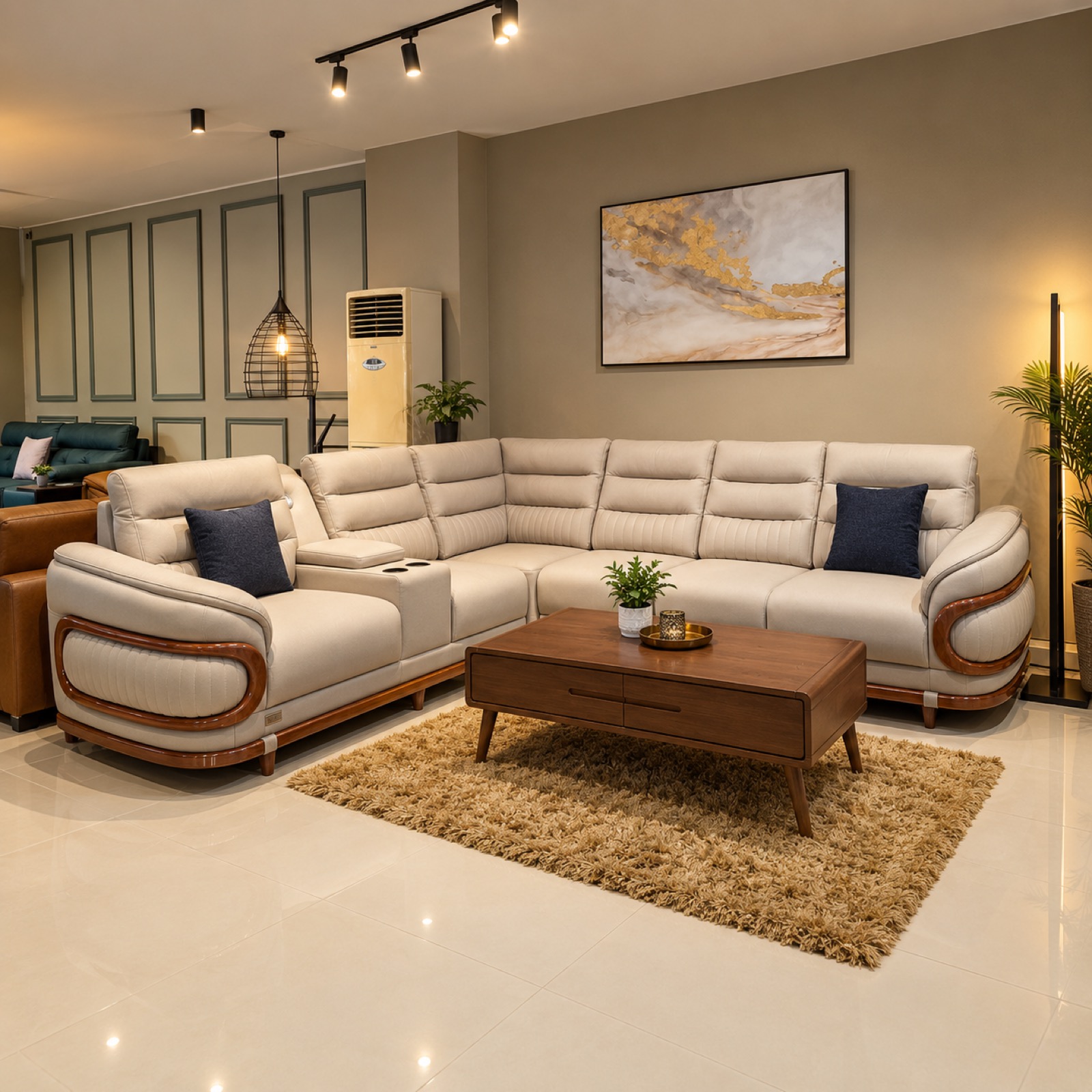 Cream Leather L-Sectional at Thomson Home Depot Kesavadasapuram