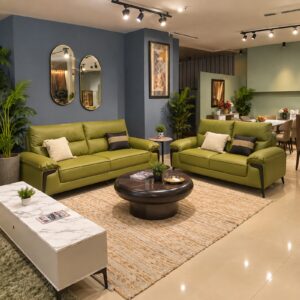 Olive Green Leather Sofa Set — 3+2 at Thomson Home Depot Kesavadasapuram