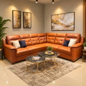 Cognac Leather L-Sectional at Thomson Home Depot Kesavadasapuram
