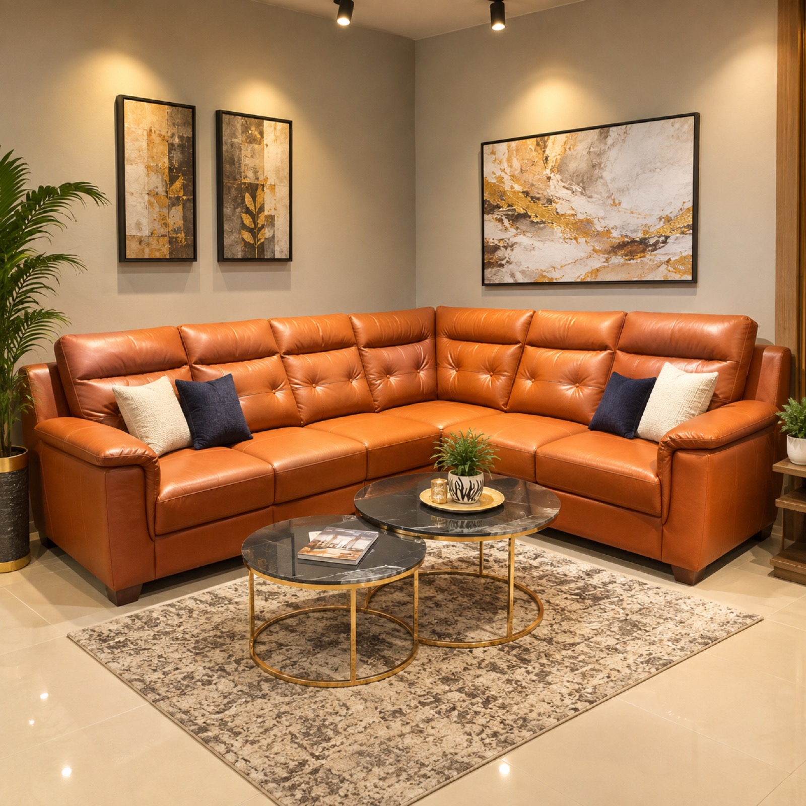 Cognac Leather L-Sectional at Thomson Home Depot Kesavadasapuram