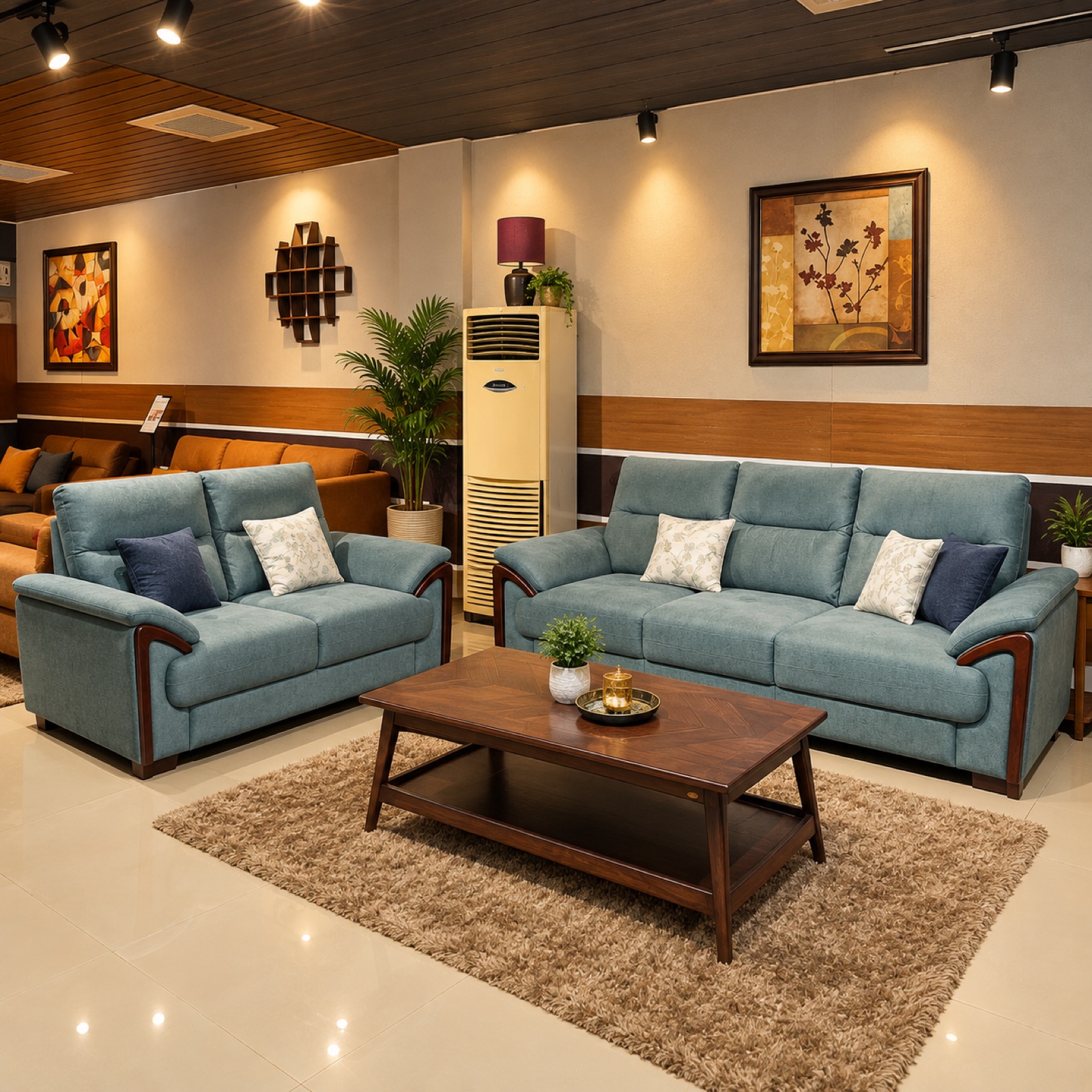 Slate Teal Wood-Arm Sofa Set — 3+2 at Thomson Home Depot Kesavadasapuram