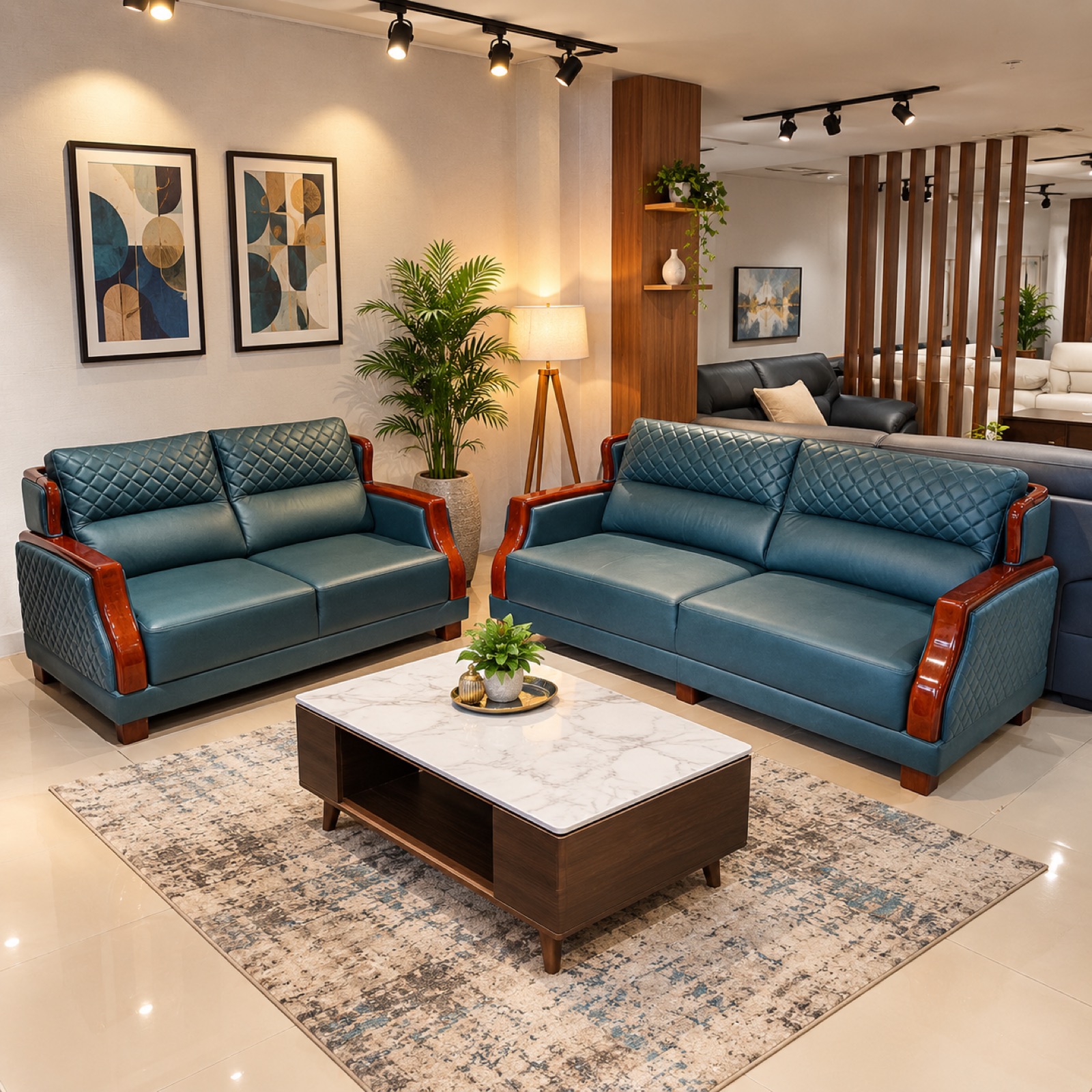 Teal Quilted Leather Sofa Set — 3+2 at Thomson Home Depot Kesavadasapuram