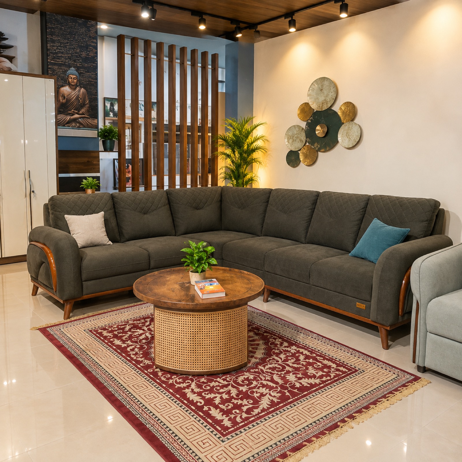 Charcoal Fabric L-Sectional at Thomson Home Depot Kesavadasapuram