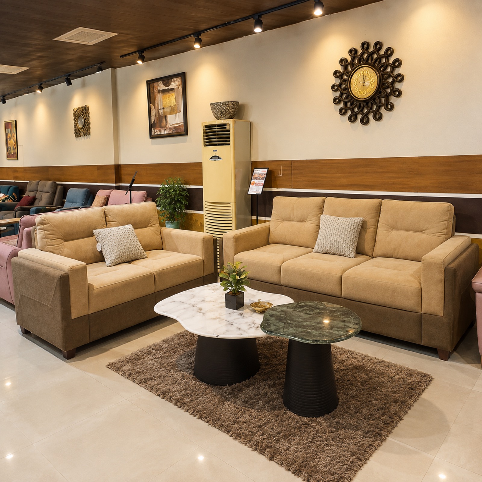 Beige Two-Tone Fabric Sofa Set — 3+2 at Thomson Home Depot Kesavadasapuram