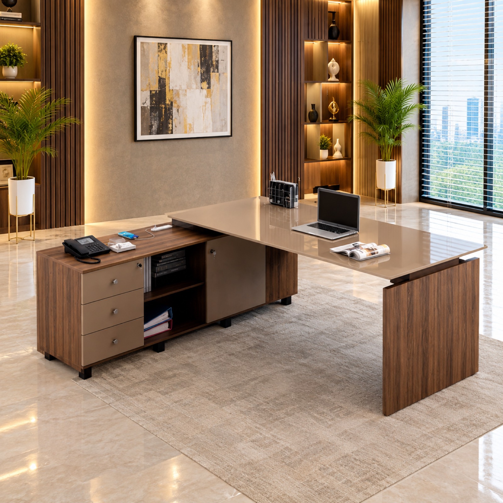 Taupe L-Shaped Executive Desk at Thomson Home Depot Kesavadasapuram