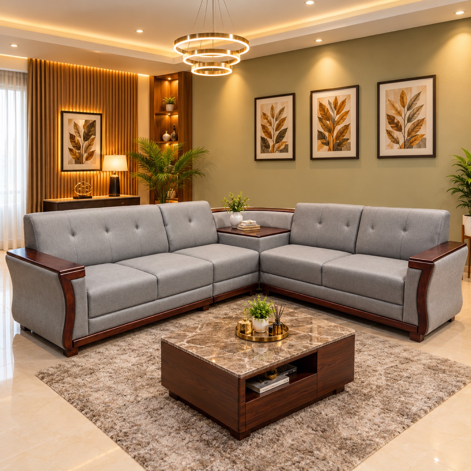 Light Grey Wood-Arm L-Sectional at Thomson Home Depot Kesavadasapuram