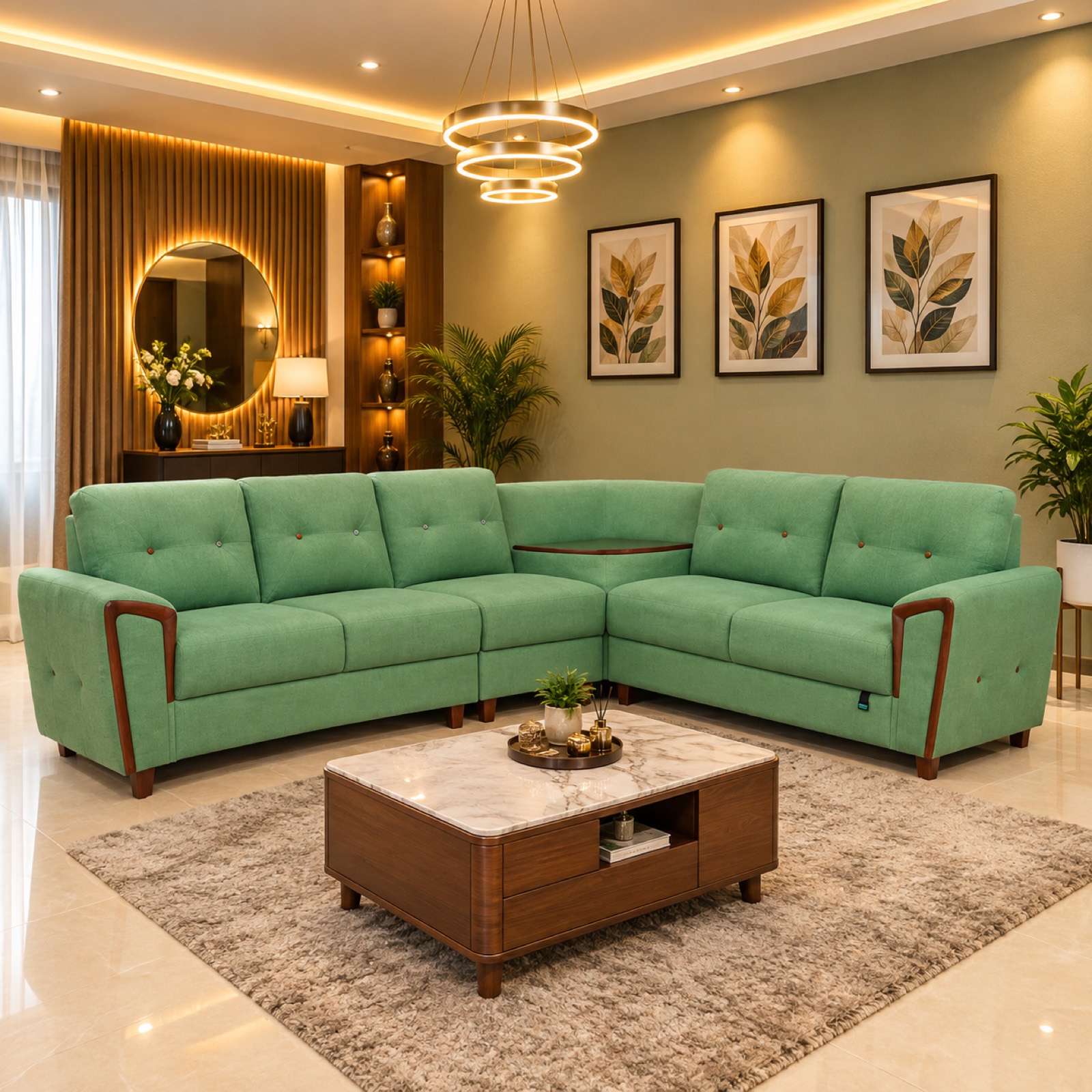 Mint Green Fabric L-Sectional at Thomson Home Depot Kesavadasapuram