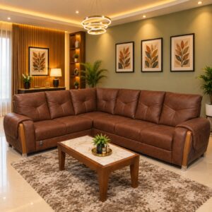 Diamond-Tufted Cognac Leather L-Sectional at Thomson Home Depot Kesavadasapuram