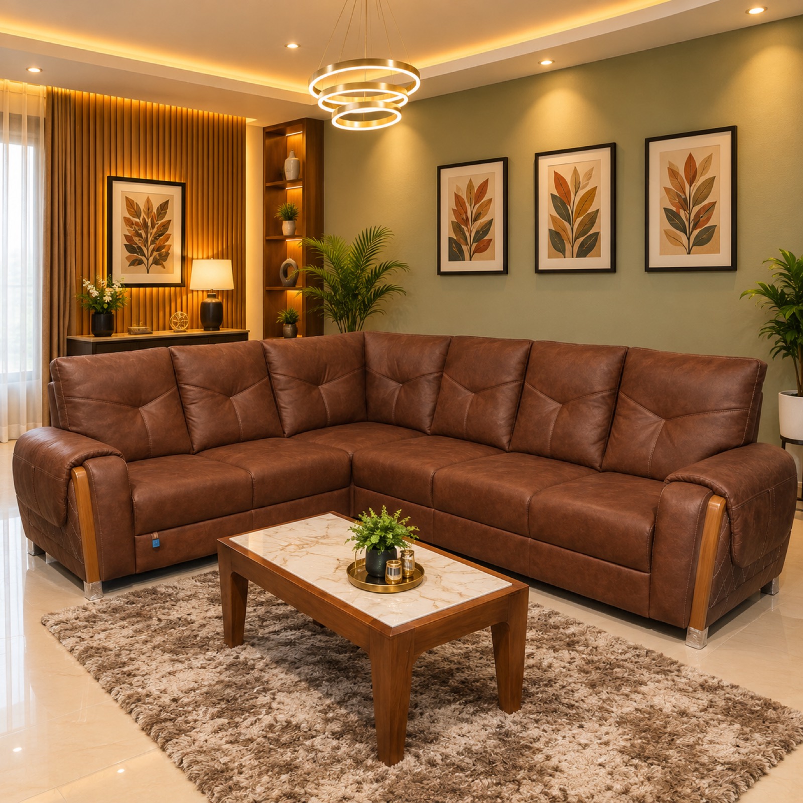 Diamond-Tufted Cognac Leather L-Sectional at Thomson Home Depot Kesavadasapuram