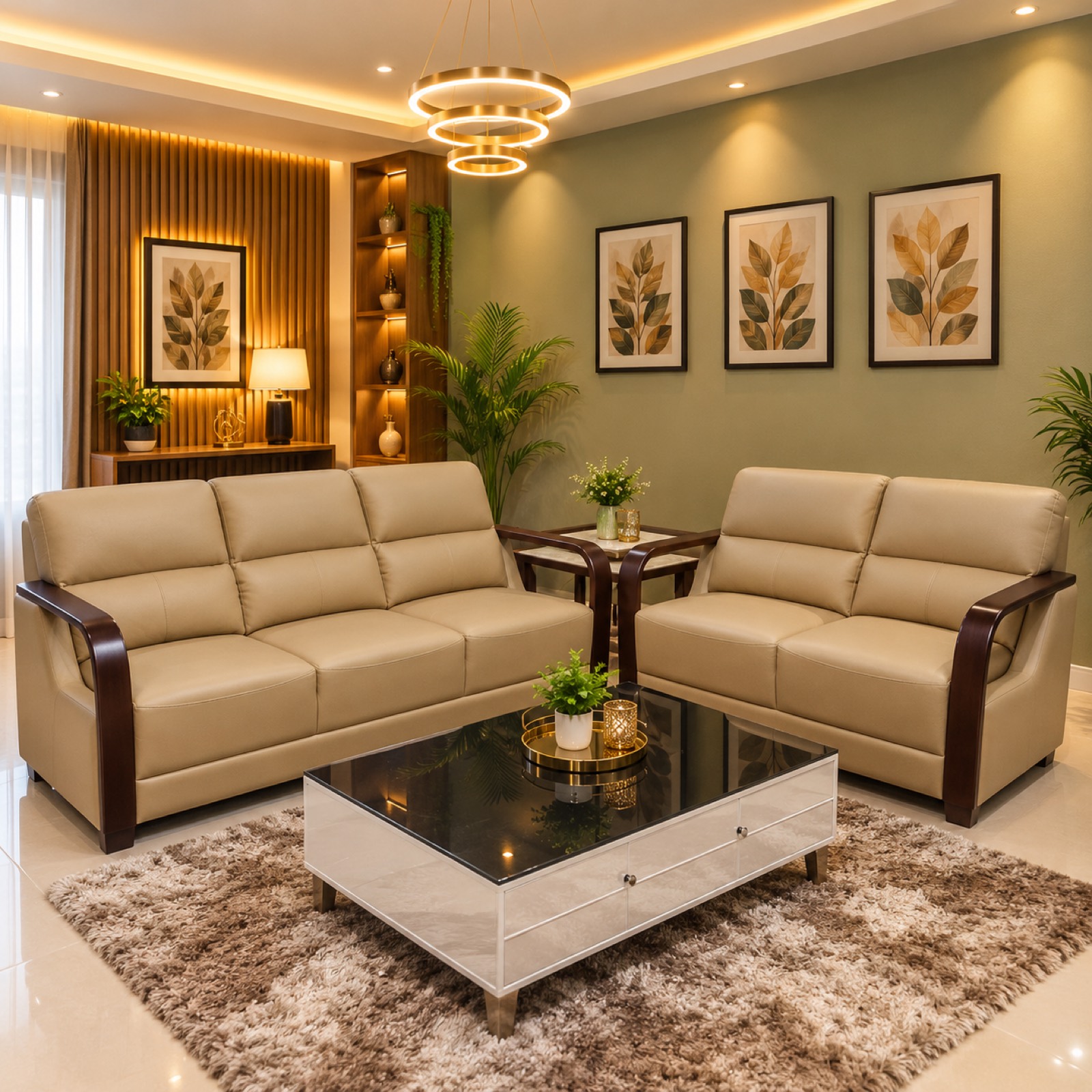 Beige Leather Sofa Set — 3+2 at Thomson Home Depot Kesavadasapuram