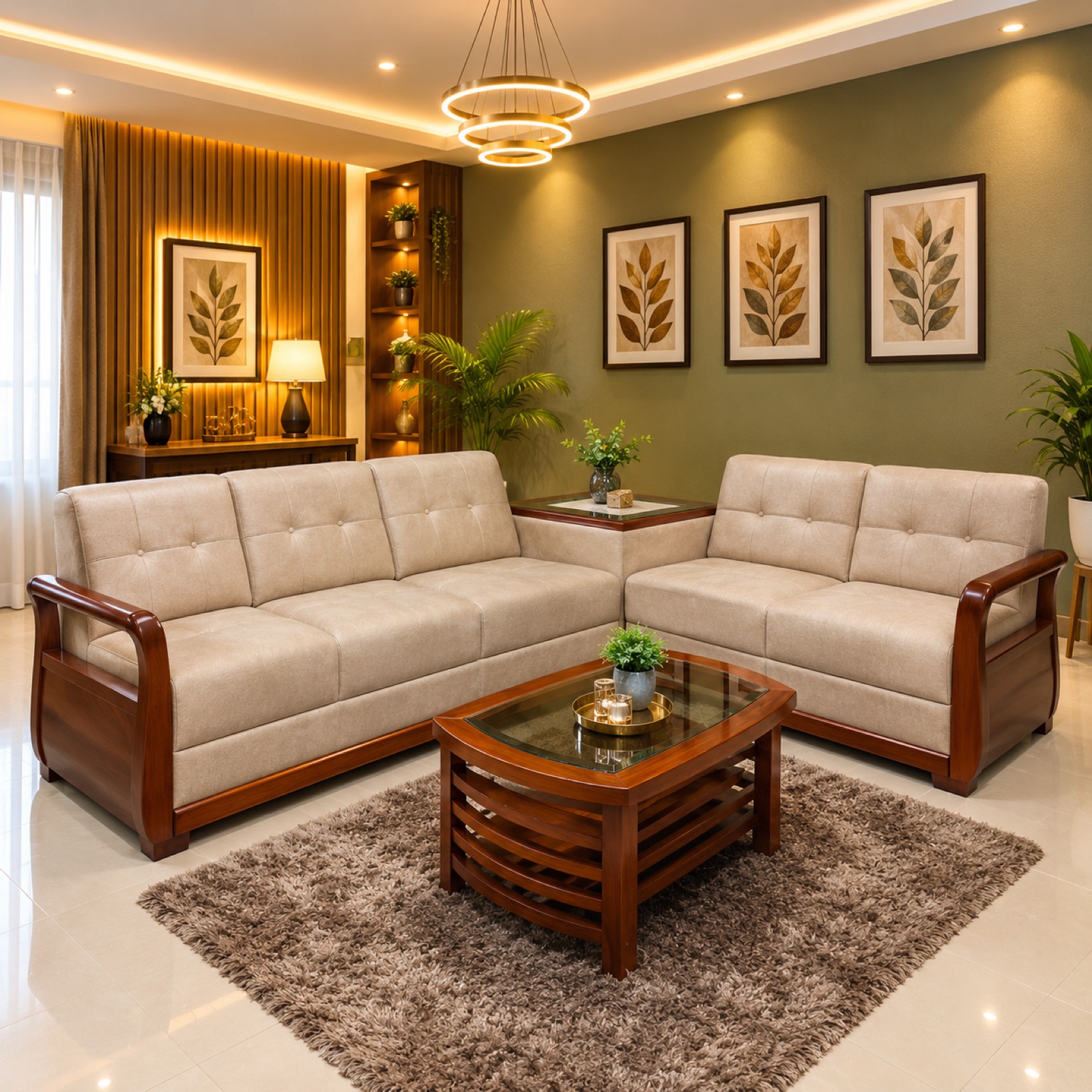 Beige Fabric Wood-Arm L-Sectional at Thomson Home Depot Kesavadasapuram