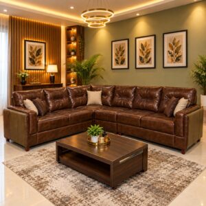 Dark Brown Tufted Leather L-Sectional at Thomson Home Depot Kesavadasapuram