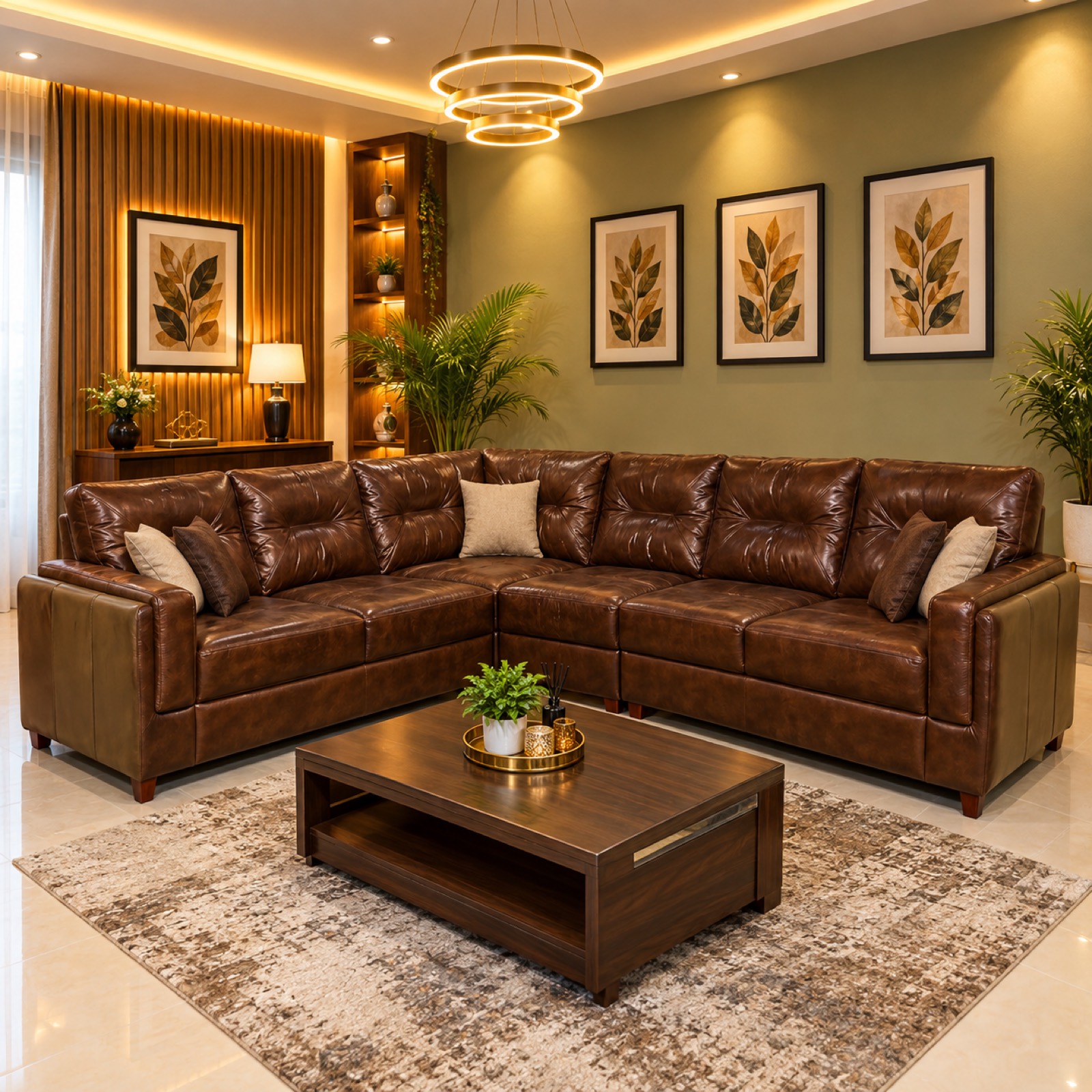 Dark Brown Tufted Leather L-Sectional at Thomson Home Depot Kesavadasapuram