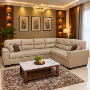 Sand Leather L-Sectional at Thomson Home Depot Kesavadasapuram