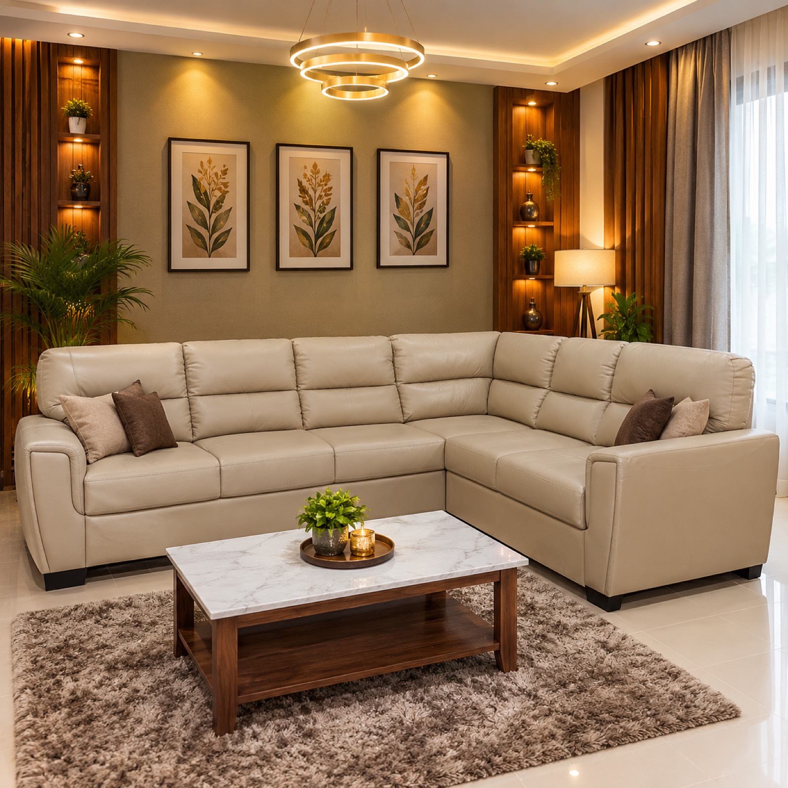 Sand Leather L-Sectional at Thomson Home Depot Kesavadasapuram