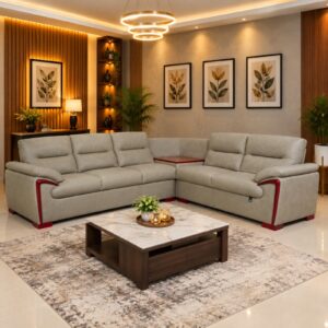 Stone Grey Leather L-Sectional at Thomson Home Depot Kesavadasapuram