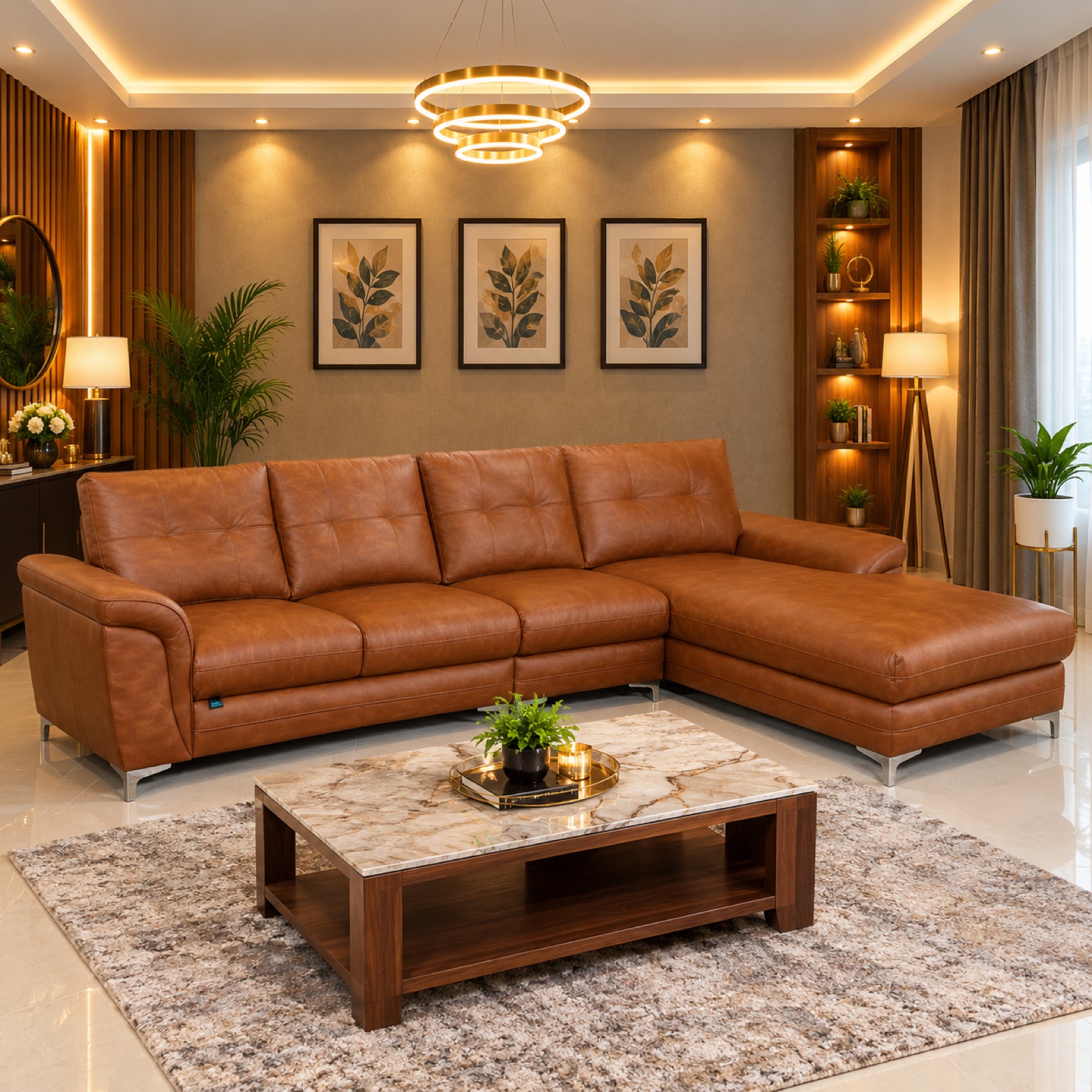 Caramel Leather Chaise Sectional at Thomson Home Depot Kesavadasapuram