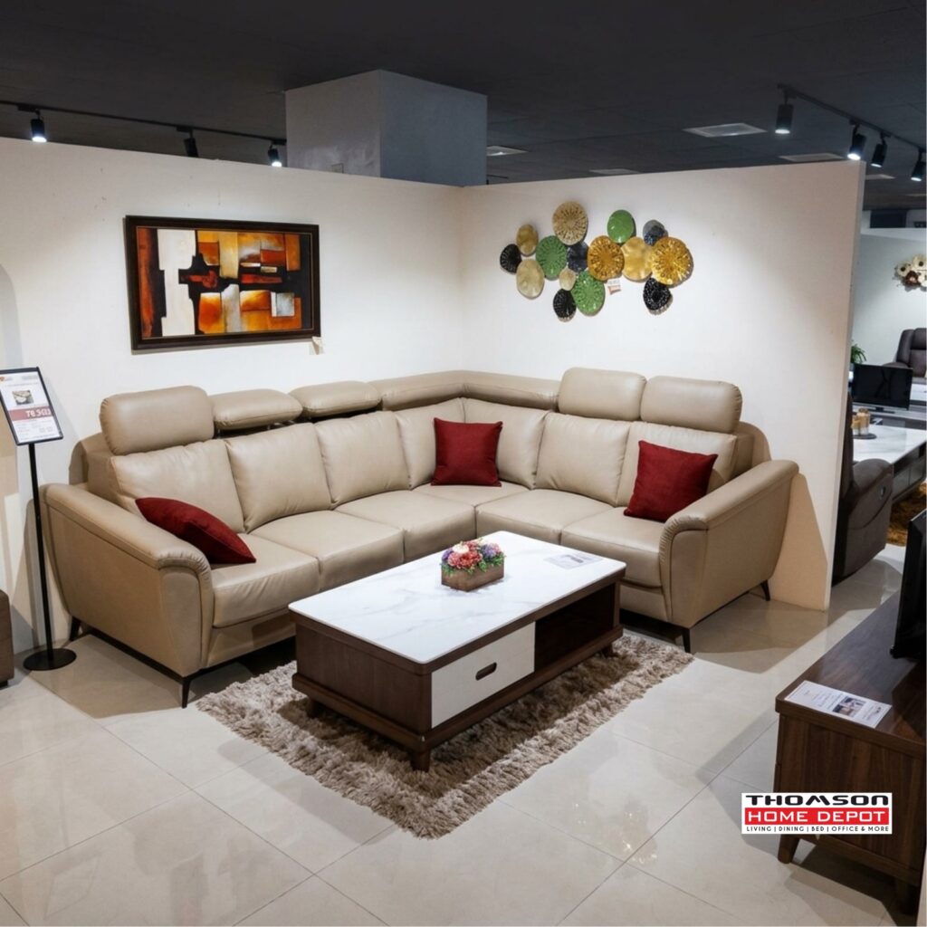 Beige Leather L-Sectional with Red Cushions