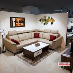Beige Leather L-Sectional with Red Cushions at Thomson Home Depot Kesavadasapuram
