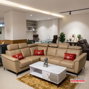 Camel Leather L-Sectional at Thomson Home Depot Kesavadasapuram