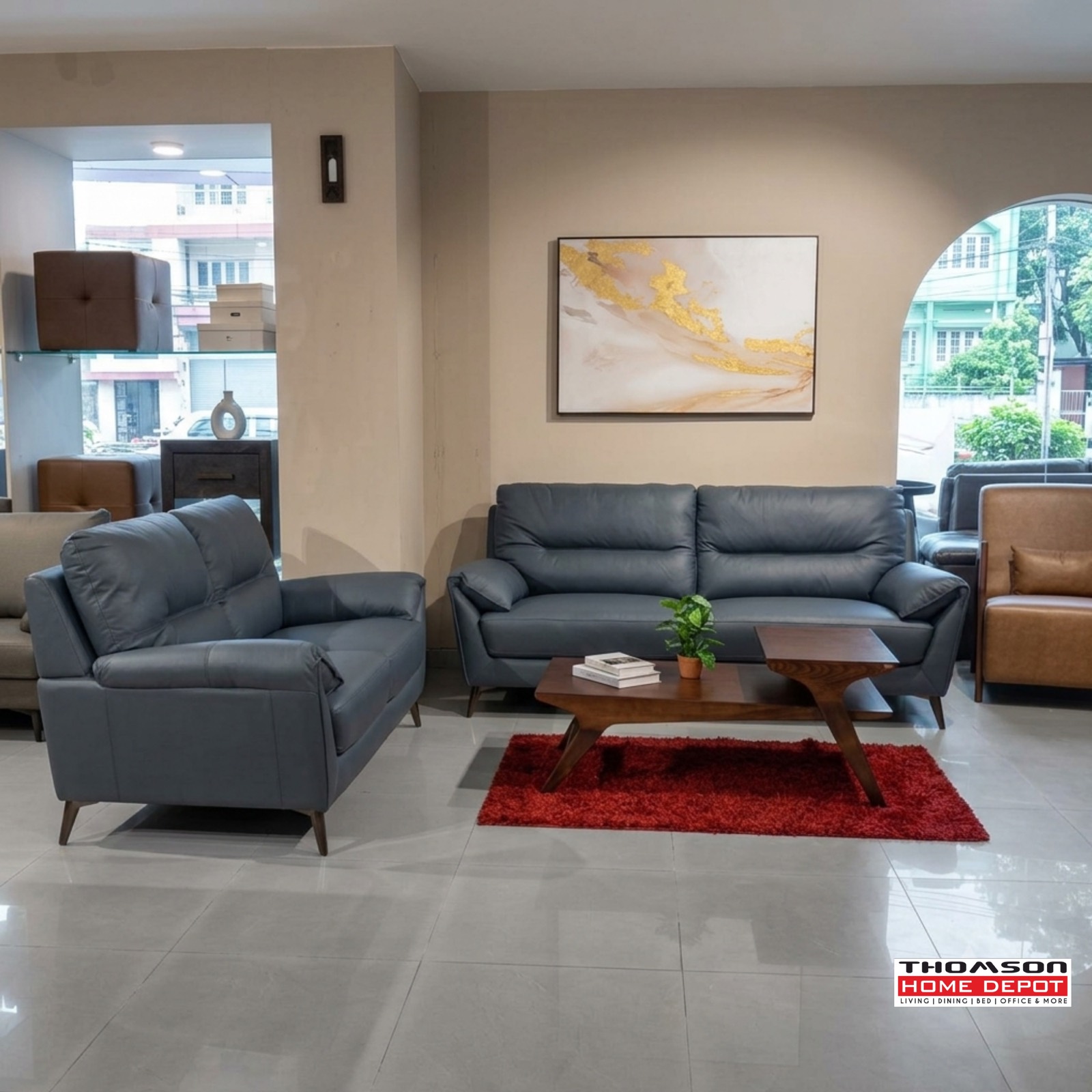 Slate Blue Leather Sofa Set — 3+2 at Thomson Home Depot Kesavadasapuram