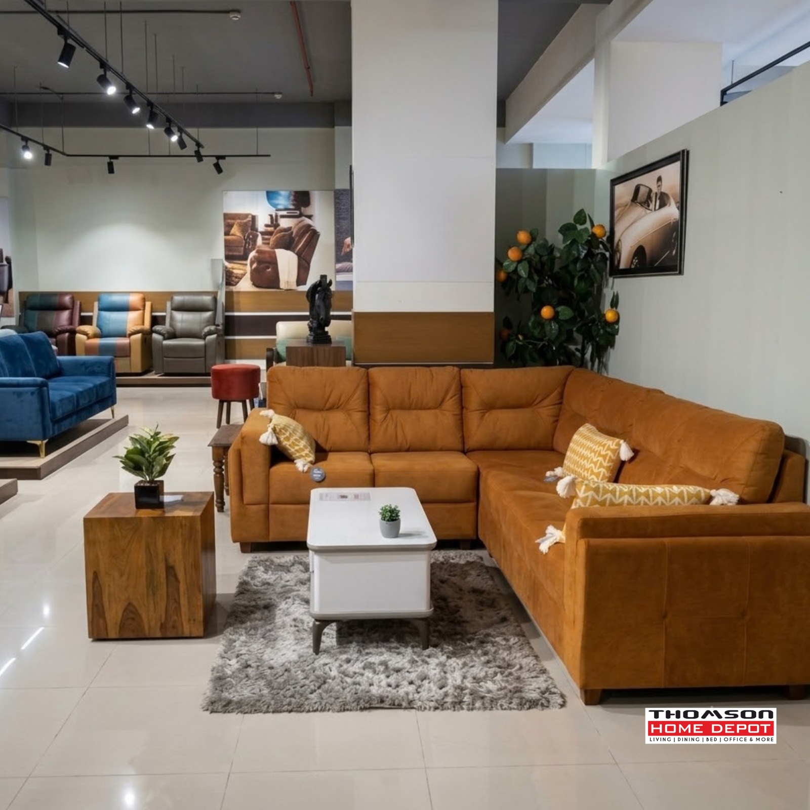 Mustard Leather L-Sectional at Thomson Home Depot Kesavadasapuram