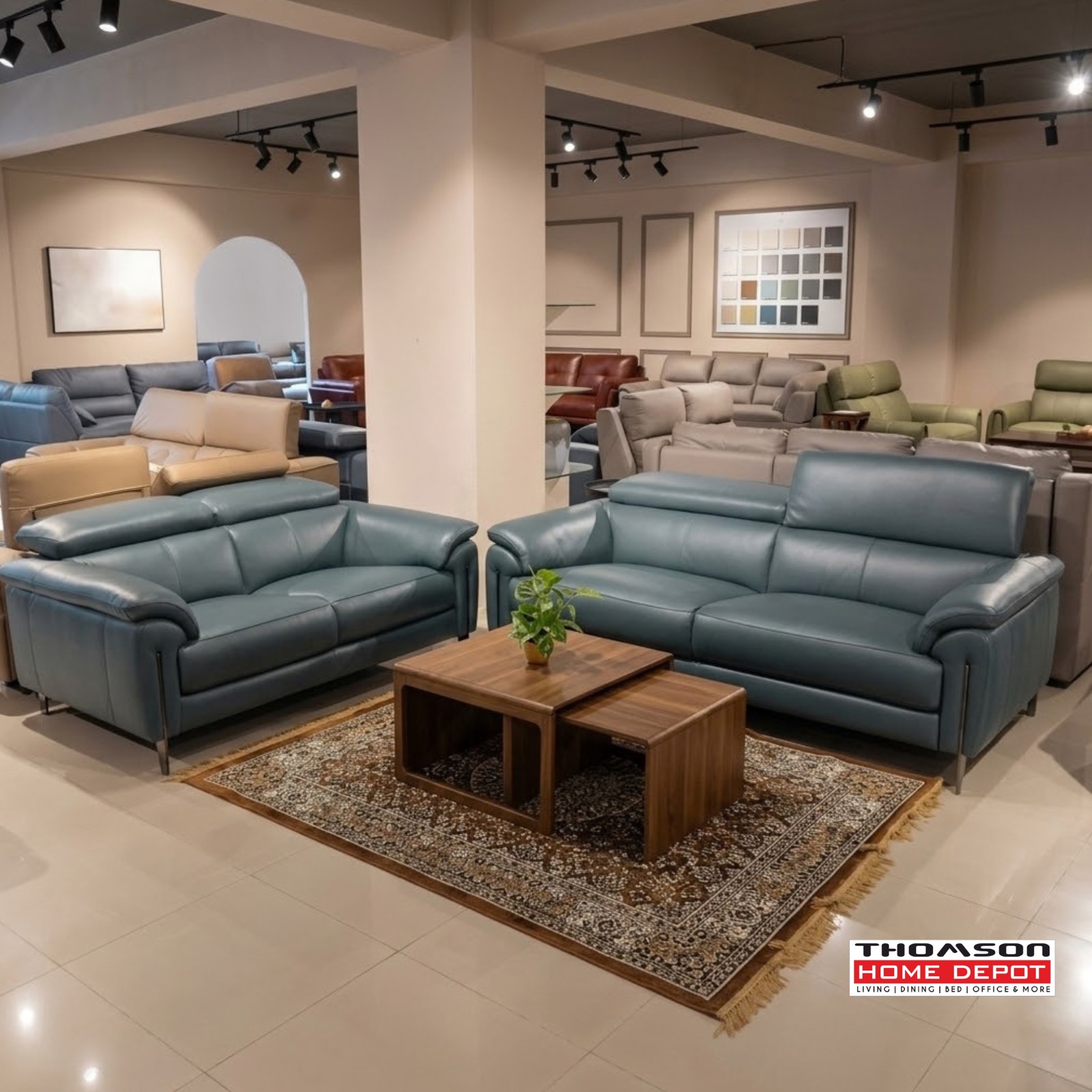 Teal Leather Sofa Set — 3+2 at Thomson Home Depot Kesavadasapuram