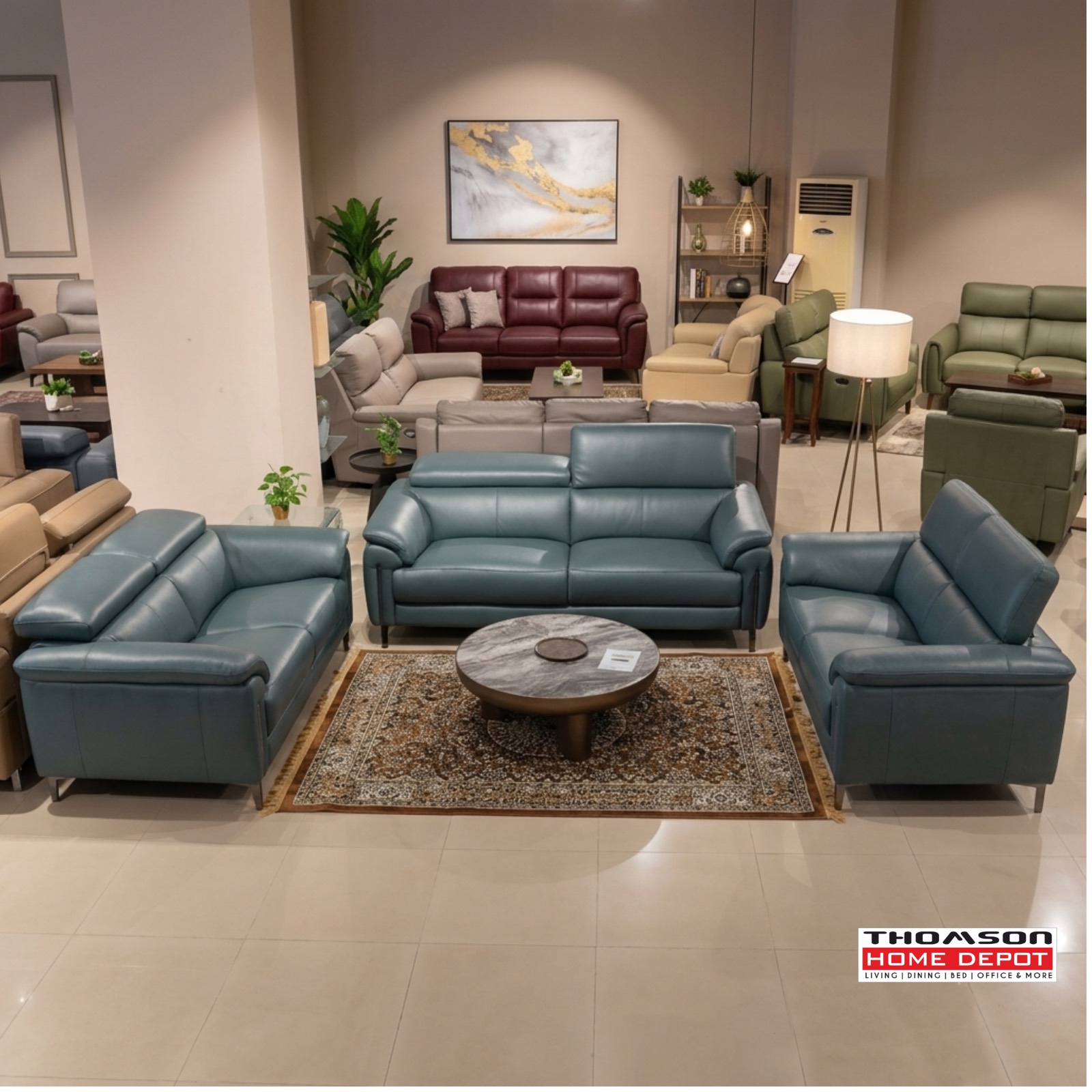 Teal Leather Sofa Set — 3+1+1 at Thomson Home Depot Kesavadasapuram