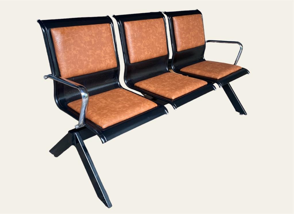 3-Seater Tan PU Waiting Bench — Black Frame — main