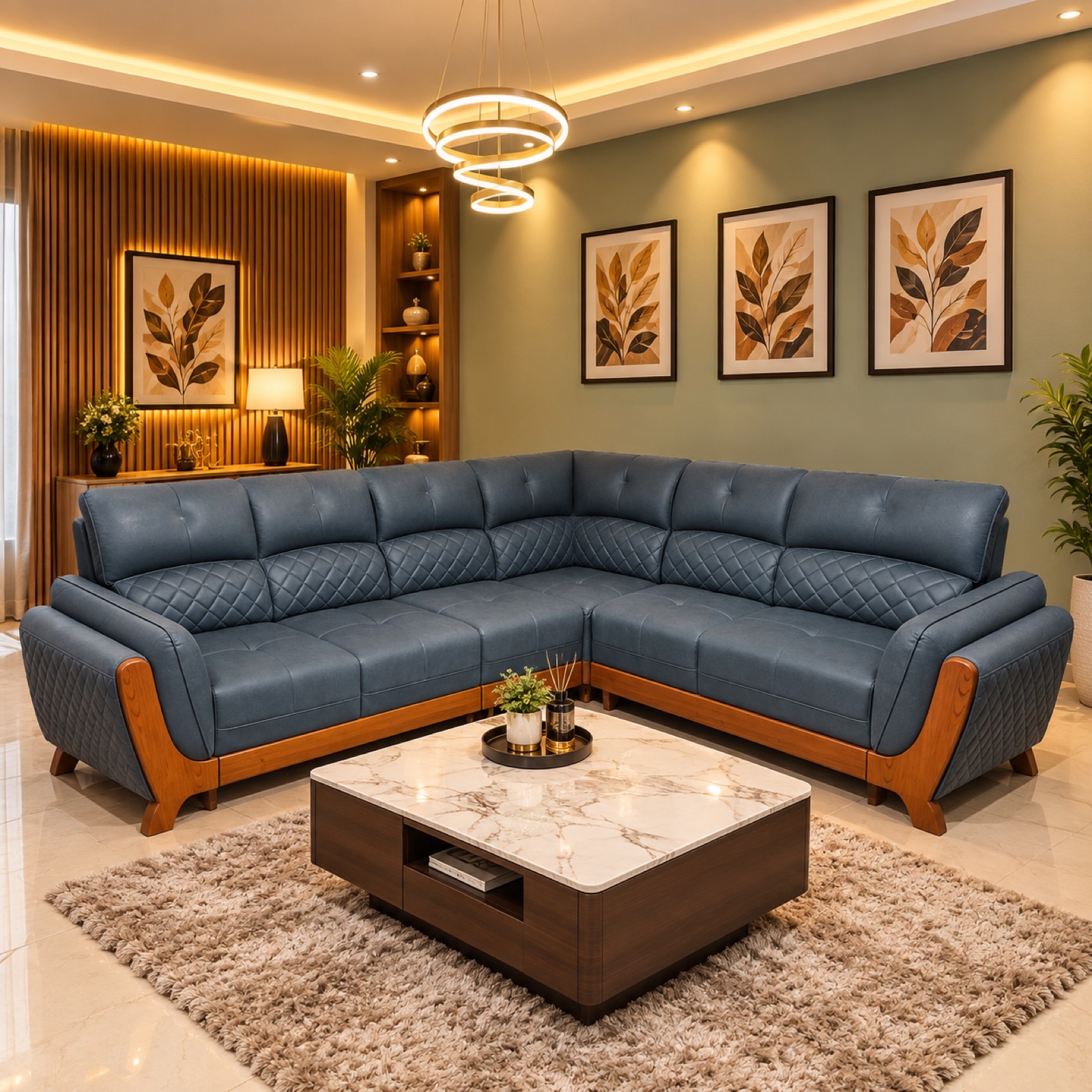 Navy quilted leather L-sectional at Thomson Home Depot Kesavadasapuram